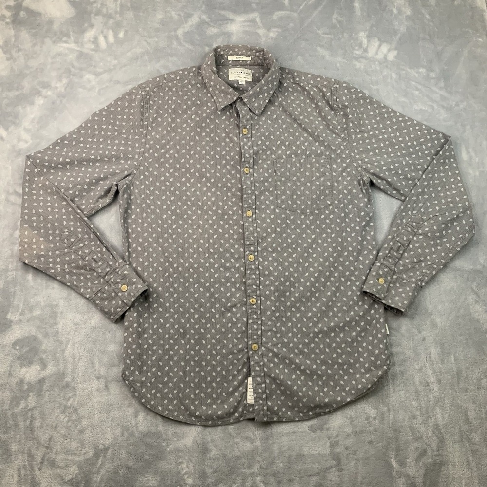 Lucky Brand Shirt Men's Medium Gray Leaf‎ Pattern Casual Button Up Long Sleeve